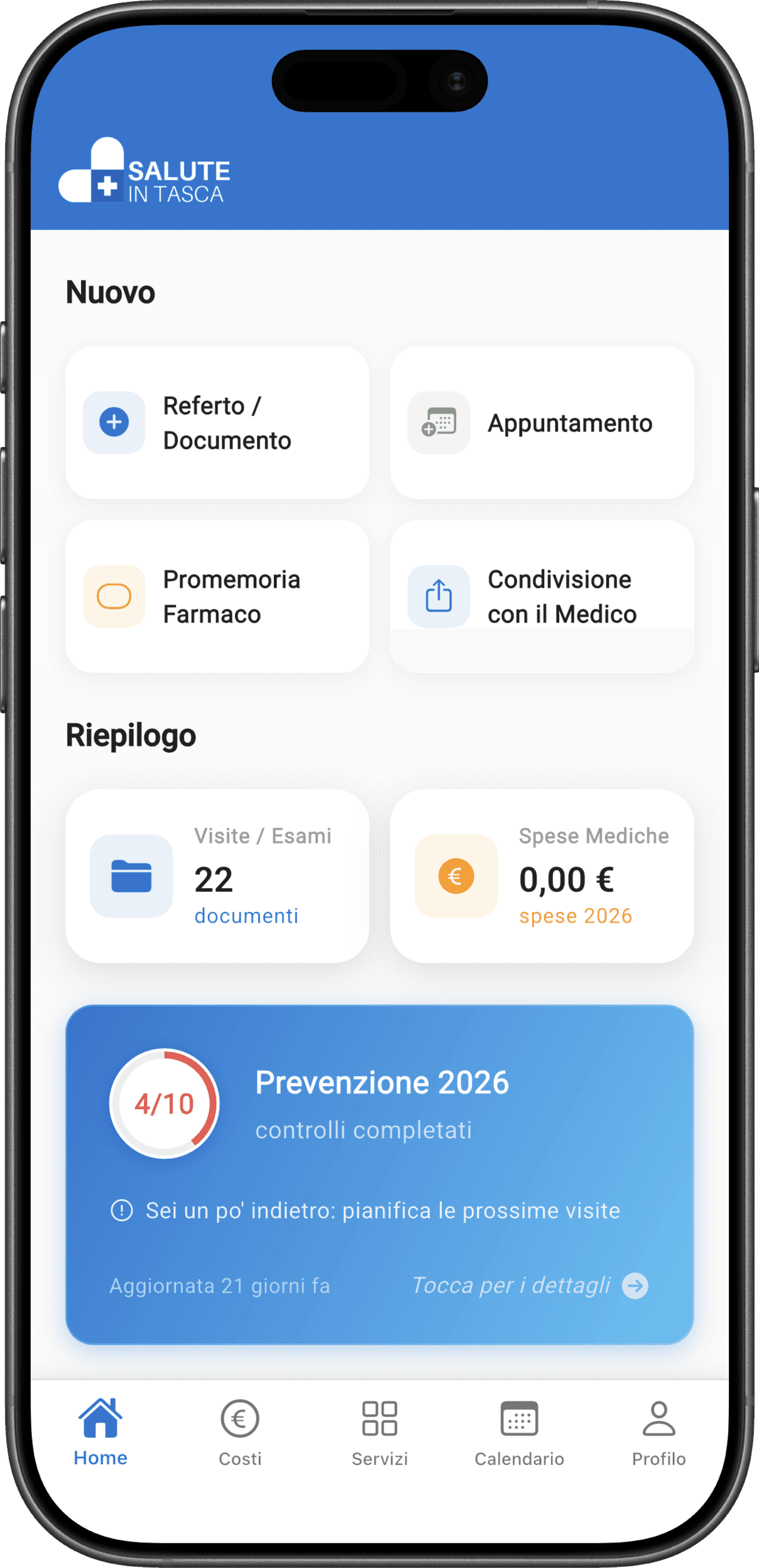 La schermata principale di Salute In Tasca: documenti, spese e checklist di prevenzione